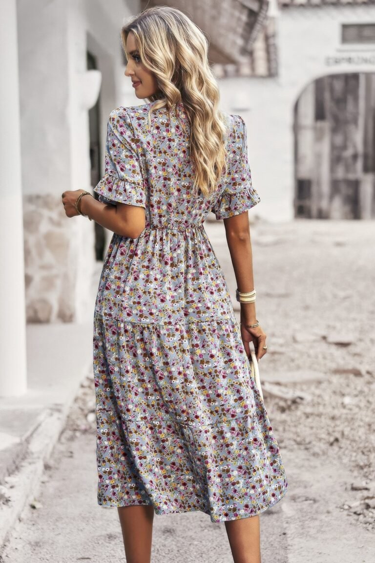 Boho floral ruffle hem v neck short sleeve dress - image 30