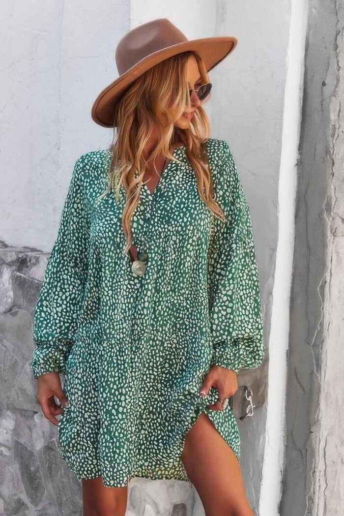 V neck drop shoulder cheetah print tunic dress