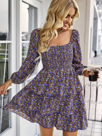 Square Neck Solid Lace Up Cocktail Dress