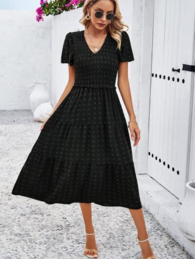 Elegant Ruched V Neck Short Sleeve Pleated Dress