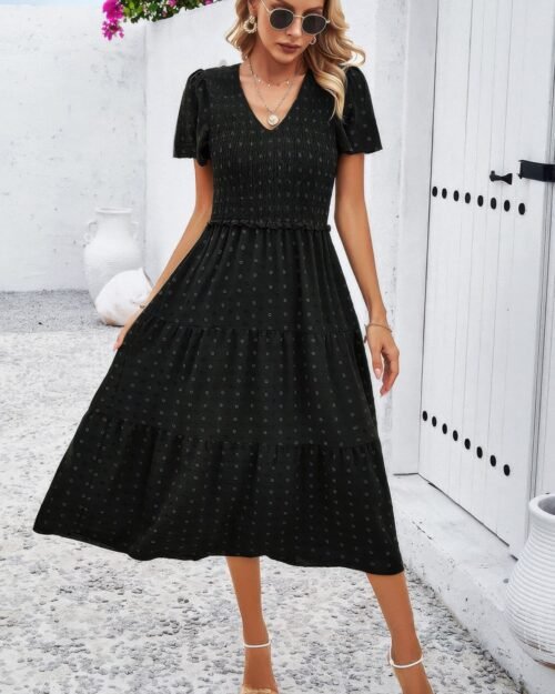 elegant ruched v neck short sleeve pleated dress