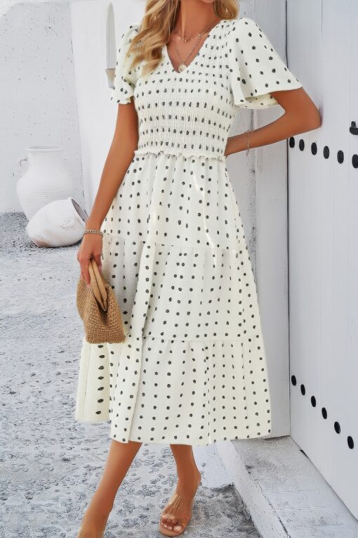 Elegant Ruched V Neck Short Sleeve Pleated Dress - Image 14