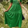 Pleated Tiered Solid Short Puff Sleeve A Line Dres