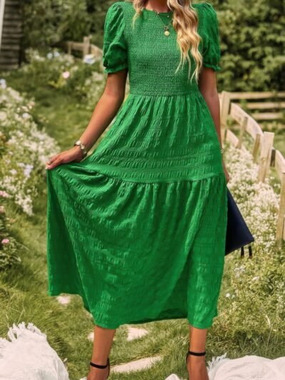 Pleated Tiered Solid Short Puff Sleeve A Line Dres