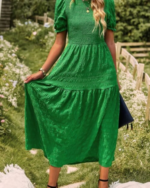 pleated tiered solid short puff sleeve a line dres