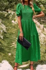 Pleated Tiered Solid Short Puff Sleeve A Line Dres - Image 2