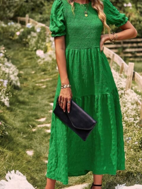 Pleated Tiered Solid Short Puff Sleeve A Line Dres