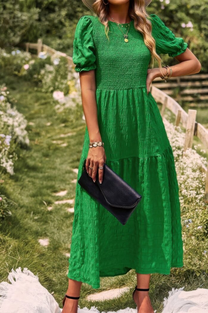 Pleated tiered solid short puff sleeve a line dres - image 2