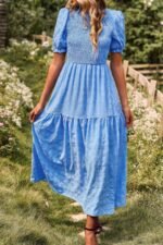 Pleated Tiered Solid Short Puff Sleeve A Line Dres - Image 3