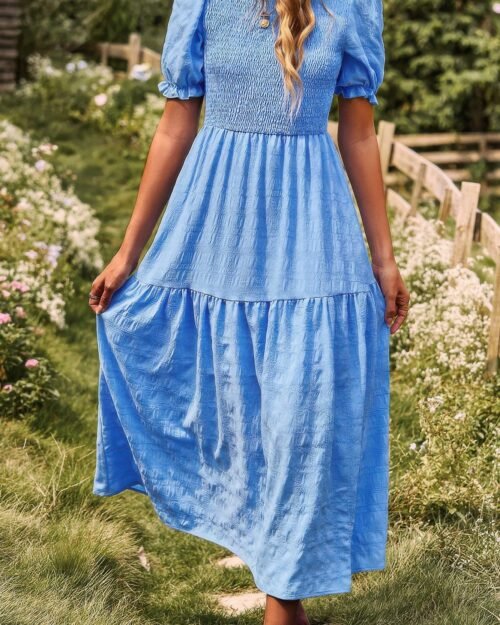 pleated tiered solid short puff sleeve a line dres