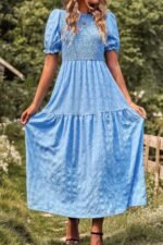 Pleated Tiered Solid Short Puff Sleeve A Line Dres - Image 4