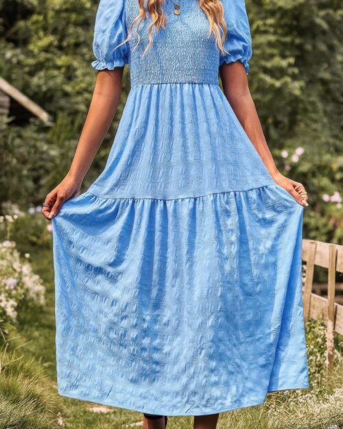 pleated tiered solid short puff sleeve a line dres