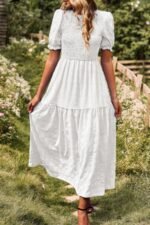 Pleated Tiered Solid Short Puff Sleeve A Line Dres - Image 5