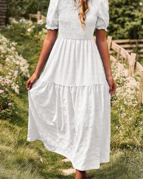 pleated tiered solid short puff sleeve a line dres