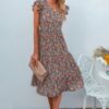 Boho Floral V Neck Ruffle Sleeve A Line Midi Dress