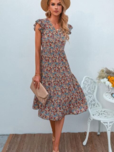 Boho Floral V Neck Ruffle Sleeve A Line Midi Dress