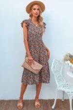 Boho Floral V Neck Ruffle Sleeve A Line Midi Dress - Image 2