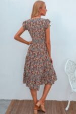 Boho Floral V Neck Ruffle Sleeve A Line Midi Dress - Image 3