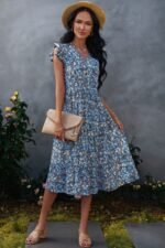Boho Floral V Neck Ruffle Sleeve A Line Midi Dress - Image 4