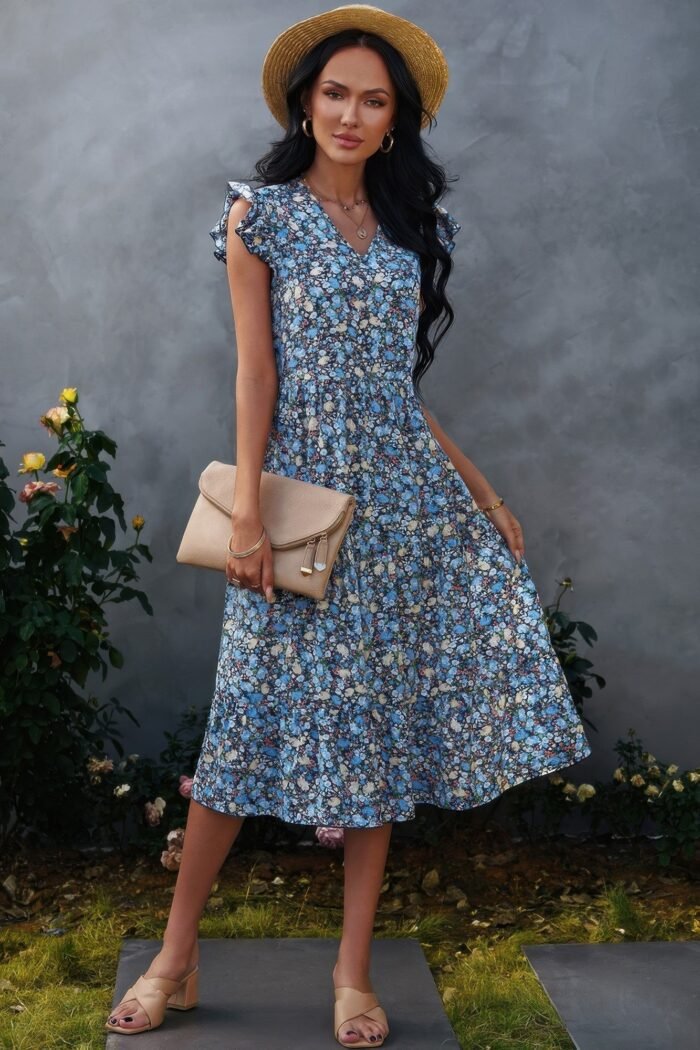 Boho floral v neck ruffle sleeve a line midi dress - image 4
