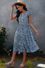 Boho Floral V Neck Ruffle Sleeve A Line Midi Dress - Image 5