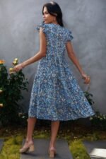 Boho Floral V Neck Ruffle Sleeve A Line Midi Dress - Image 6