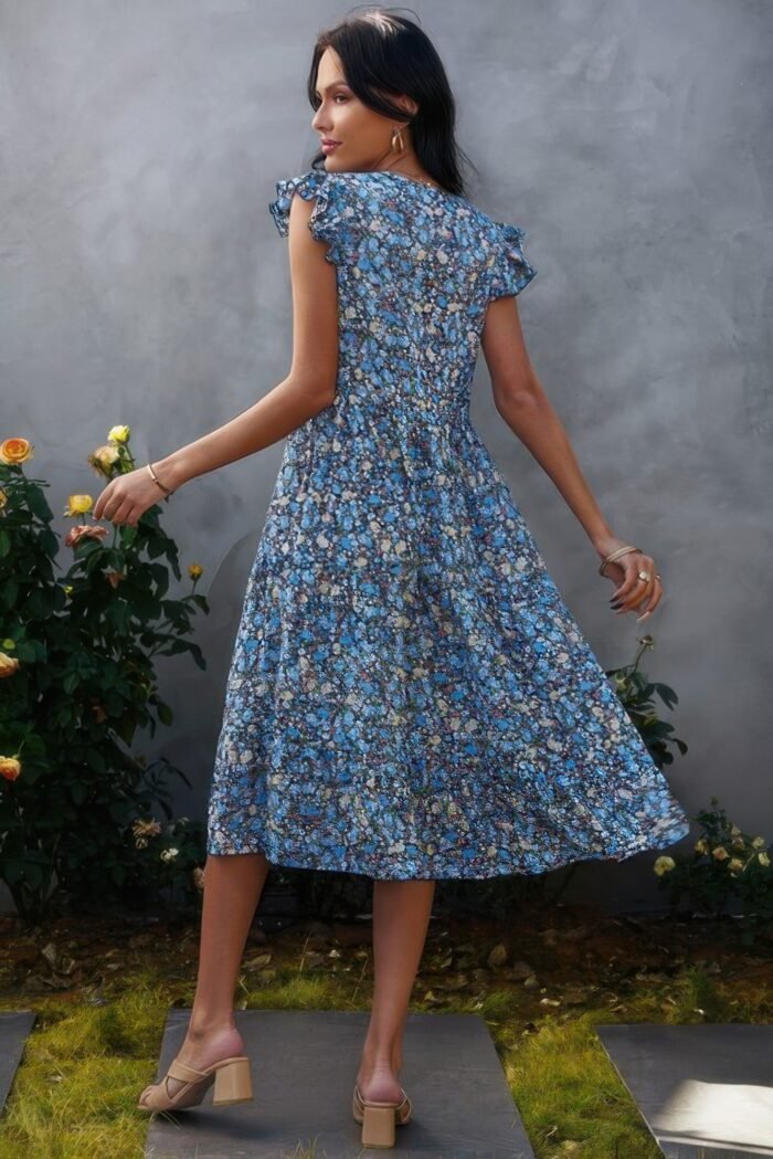 Boho floral v neck ruffle sleeve a line midi dress - image 6
