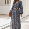 Floral V Neck Long Sleeve Full Dress