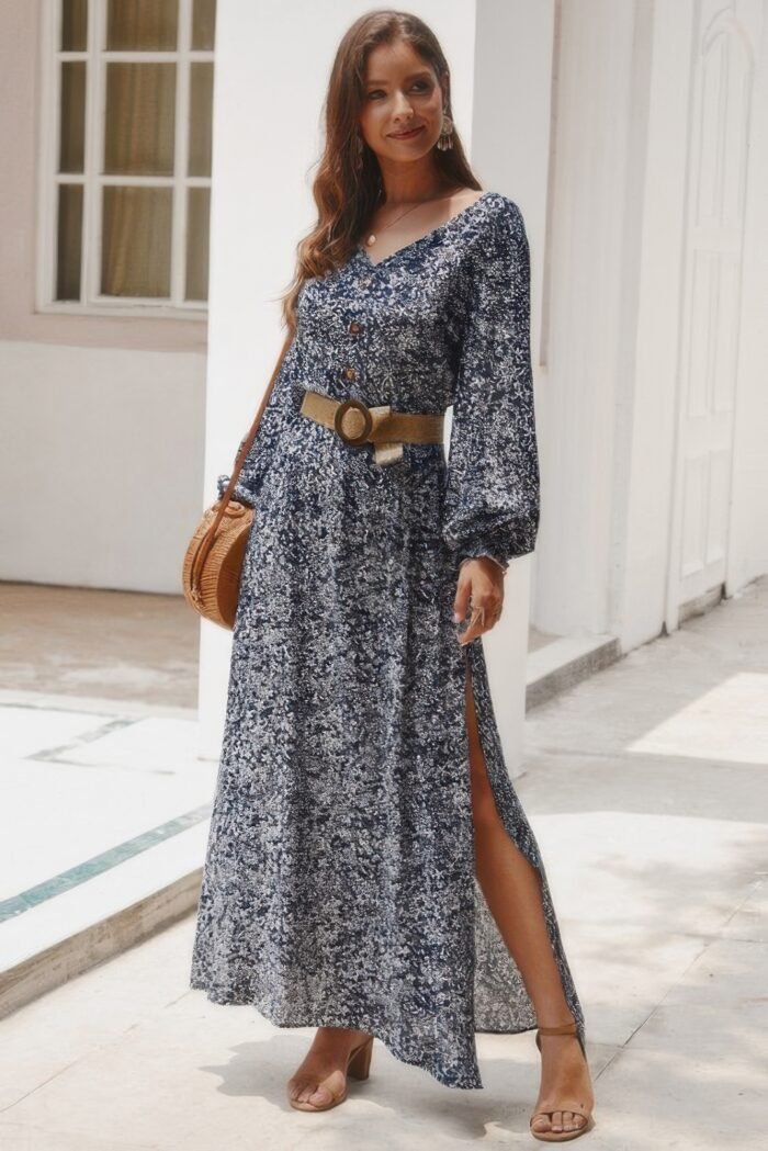 Floral V Neck Long Sleeve Full Dress - Image 2