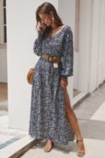 Floral V Neck Long Sleeve Full Dress