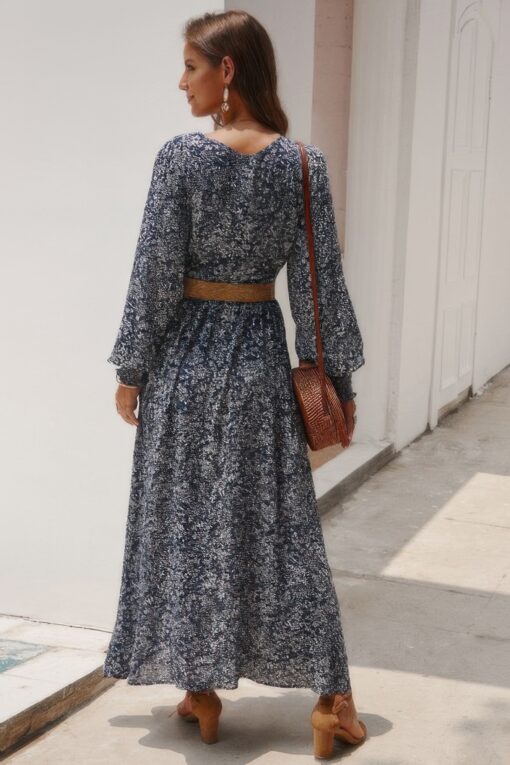 Floral V Neck Long Sleeve Full Dress - Image 5