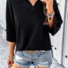 Solid Notched Collar V Neck Knit Short Sleeve Swea