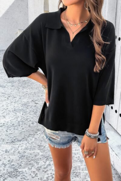 Solid Notched Collar V Neck Knit Short Sleeve Swea