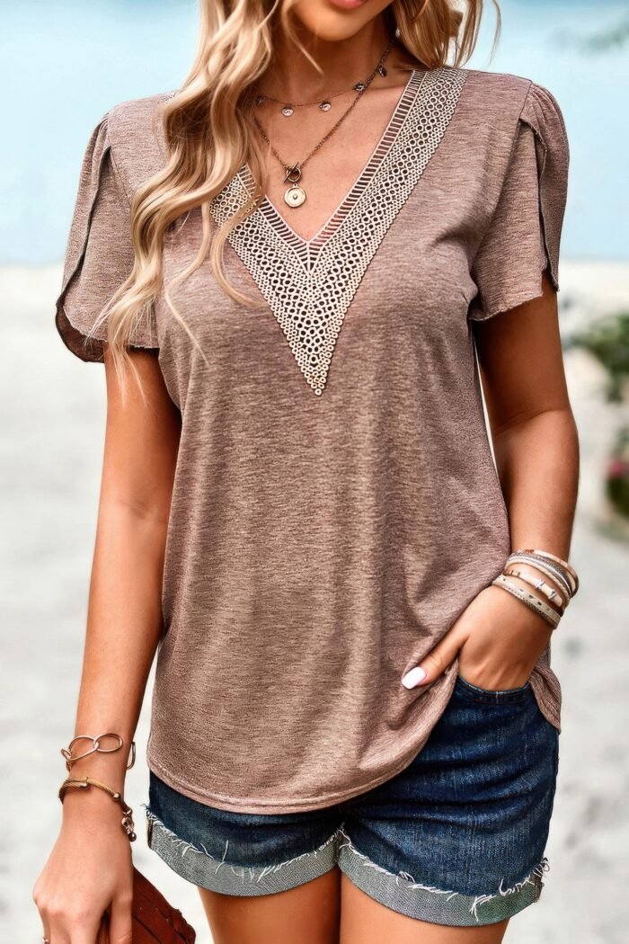 Deep v neck lace ruffle sleeves solid fit shirt