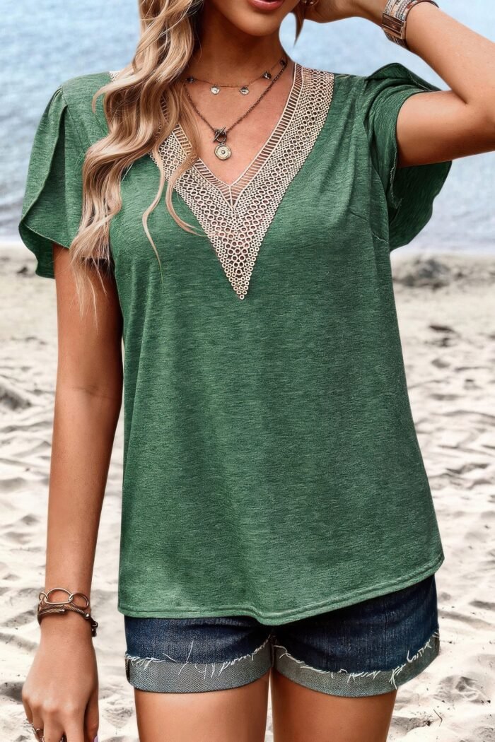 Deep v neck lace ruffle sleeves solid fit shirt