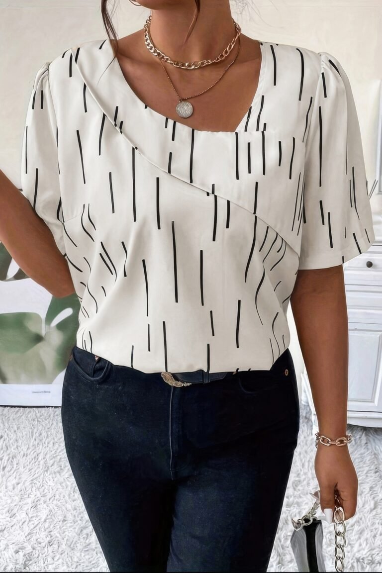 Printed puff sleeve shirt with line pattern