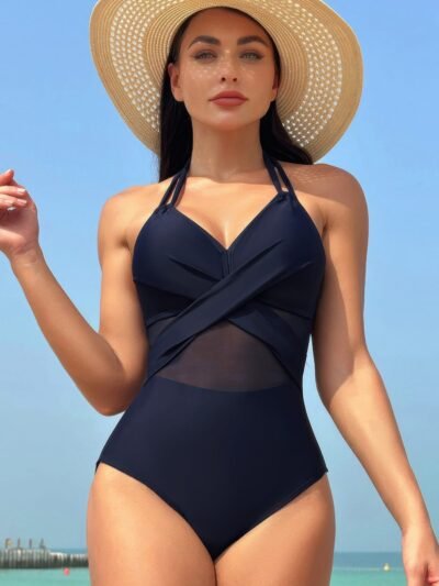 Color Block Halter Cross Lace One Piece Swimsuit