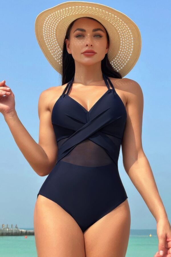 Color Block Halter Cross Lace One Piece Swimsuit