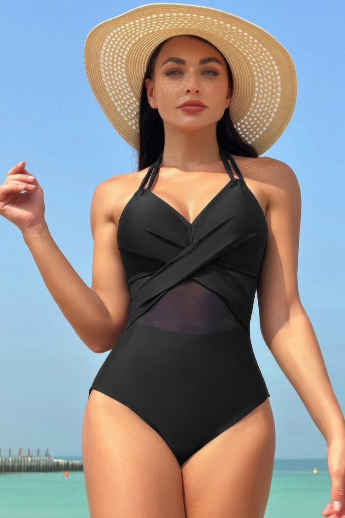 Color Block Halter Cross Lace One Piece Swimsuit - Image 2