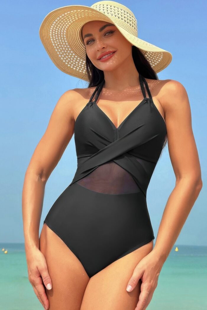 Color Block Halter Cross Lace One Piece Swimsuit - Image 3