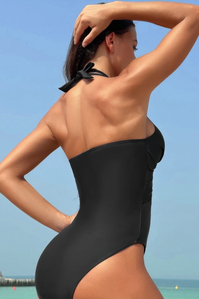 Color Block Halter Cross Lace One Piece Swimsuit - Image 4