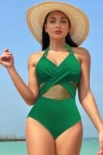Color Block Halter Cross Lace One Piece Swimsuit