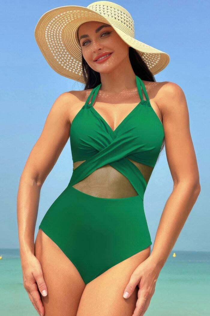 Color Block Halter Cross Lace One Piece Swimsuit - Image 6