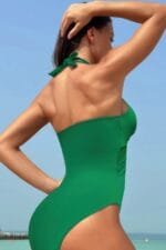 Color Block Halter Cross Lace One Piece Swimsuit