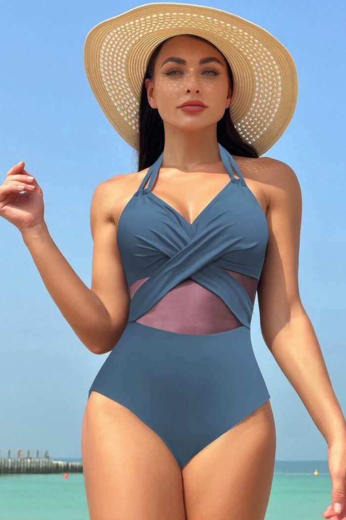 Color Block Halter Cross Lace One Piece Swimsuit - Image 8