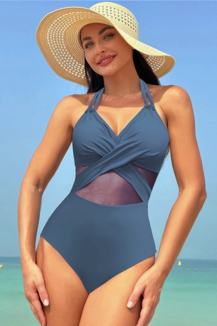 Color Block Halter Cross Lace One Piece Swimsuit - Image 9