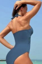 Color Block Halter Cross Lace One Piece Swimsuit