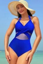 Color Block Halter Cross Lace One Piece Swimsuit
