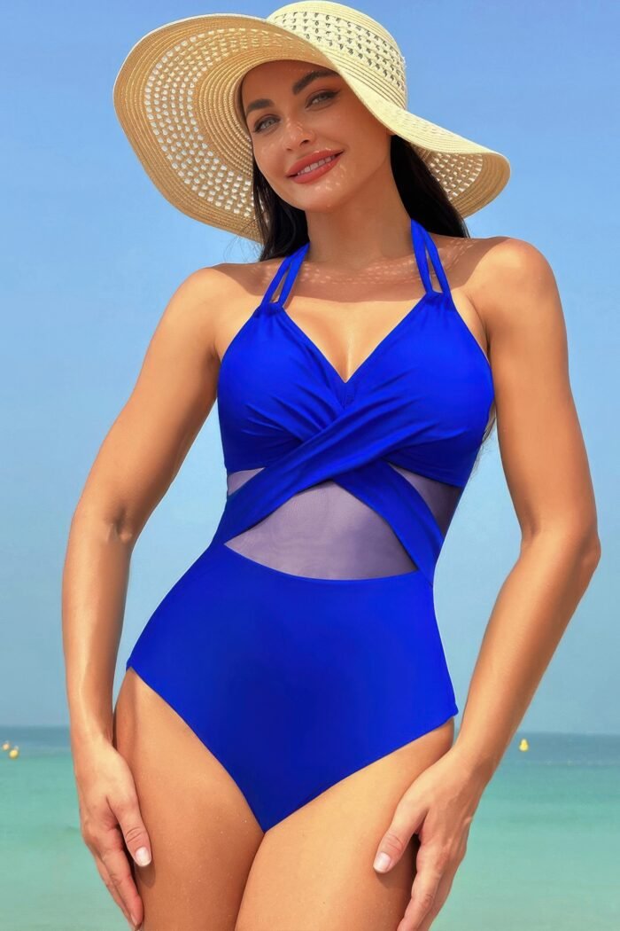 Color Block Halter Cross Lace One Piece Swimsuit - Image 11