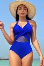 Color Block Halter Cross Lace One Piece Swimsuit